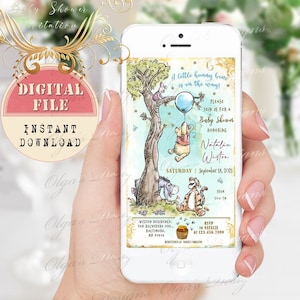 Klassieke Winnie the Pooh Baby Shower Mobiele Uitnodiging, Winnie De Poeh Elektronische Uitnodiging, Gepersonaliseerde Smartphone Uitnodiging, iPhone-kaart 03