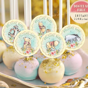 Classic Winnie the Pooh Cake Toppers, Winnie the Pooh Welcome Baby Shower, Pooh Baby Shower Tags, Winnie Baby Shower Decor, Printable file03