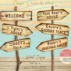 Classic Winnie the Pooh Arrow Wood Signs for Birthday Party, Direction Signs 100 Aker Wood Party, Winnie Party Decor, 4 Printable files, WS