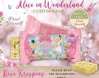 Alice in Wonderland Rice Krispies Treats, Personalized & Printable Alice Rice Krispies Wrapper, Birthday Party Favor, Alice No 17 Treat