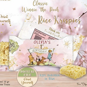 Classic Winnie the Pooh Rice Krispies Treats, Personalized Pooh Rice Krispies Wrapper, Winnie Birthday Party Favor, 02