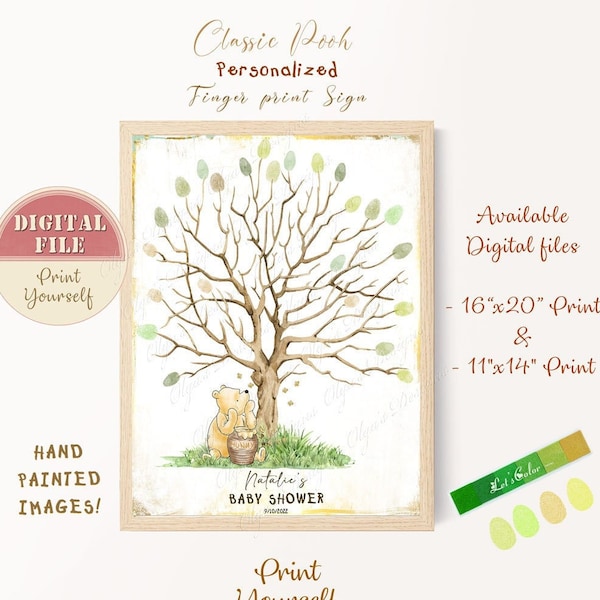 Personalized Classic Winnie the Pooh Baby Shower Thumbprint Tree, Winnie Guestbook Handmade Fingerprint, Pooh Baby Shower Fingerprint, 07