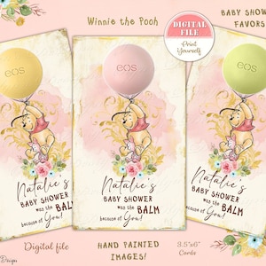 Personalized Winnie The Pooh Baby Shower Party EOS Lip Balm Favor Cards, Pooh EOS Lip Balm Holders, Winnie Baby Shower Eos Cards Favors, 03