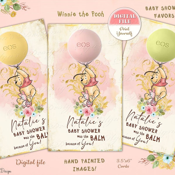 Personalized Winnie The Pooh Baby Shower Party EOS Lip Balm Favor Cards, Pooh EOS Lip Balm Holders, Winnie Baby Shower Eos Cards Favors, 03