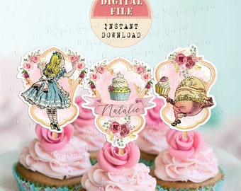 Personalized Alice in Wonderland Cupcake Toppers, Printable Mad Tea Party, Digital Download, Alice Cupcake topper No 5, Birthday Party Decor