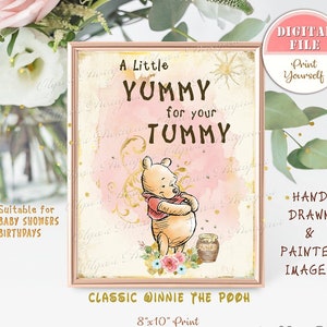 Classic Winnie the Pooh A Little Yummy for Your Tummy Baby Shower Table Sign, Pooh Birthday Party Decoration, 8&quot;x10&quot; Digital file, P03