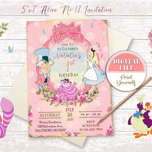 Alice in Wonderland Personalised Birthday Invitation, Printable Birthday Party, Alice No 17 Digital Card, Girl Birthday Party Digital Card