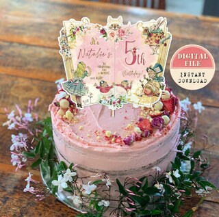 Topper Per Torta Glitterato Con Coniglietto A Cartone Animato - 16x22 Cm, In Cartoncino, Per Feste Pasqua, Alice, Tea Party