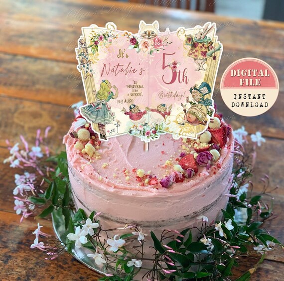 Topper Per Torta Glitterato Con Coniglietto A Cartone Animato - 16x22 Cm, In Cartoncino, Per Feste Pasqua, Alice, Tea Party