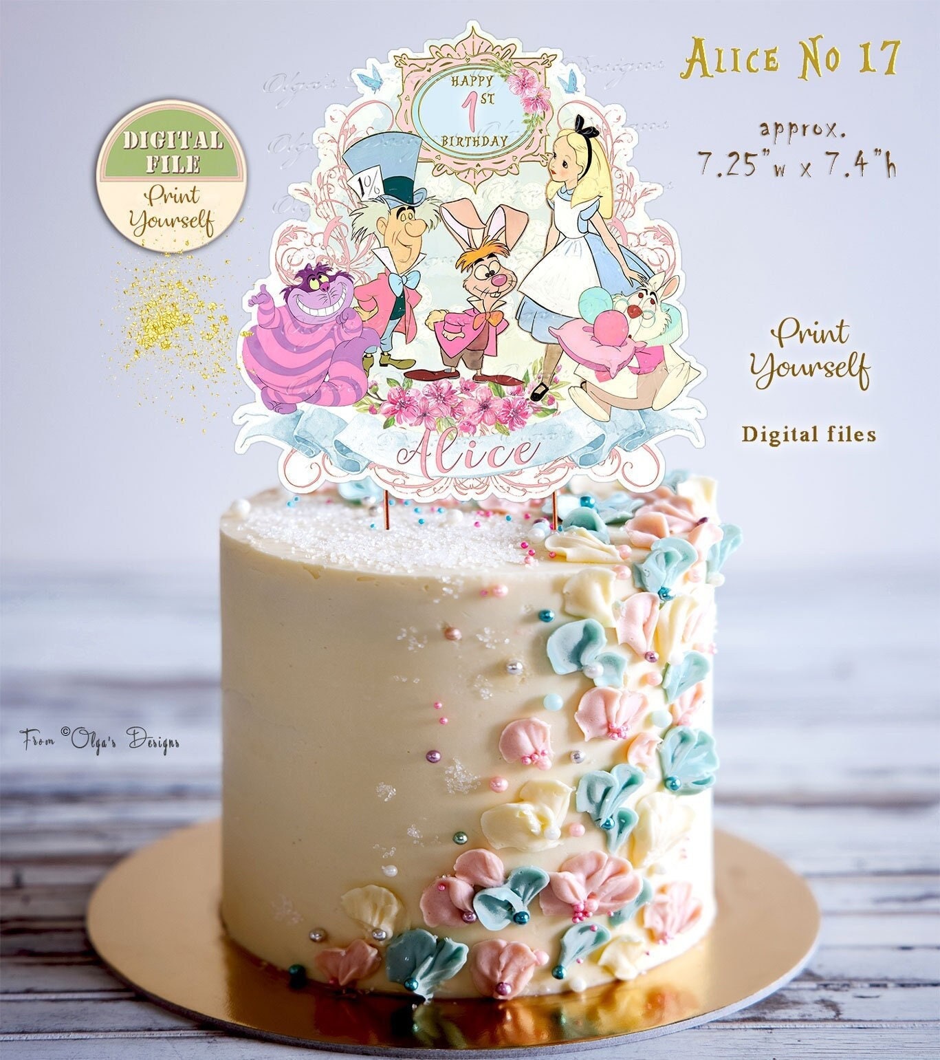 ALICE IN WONDERLAND PERSONALISED BIRTHDAY EDIBLE CAKE TOPPER & CUPCAKES B067