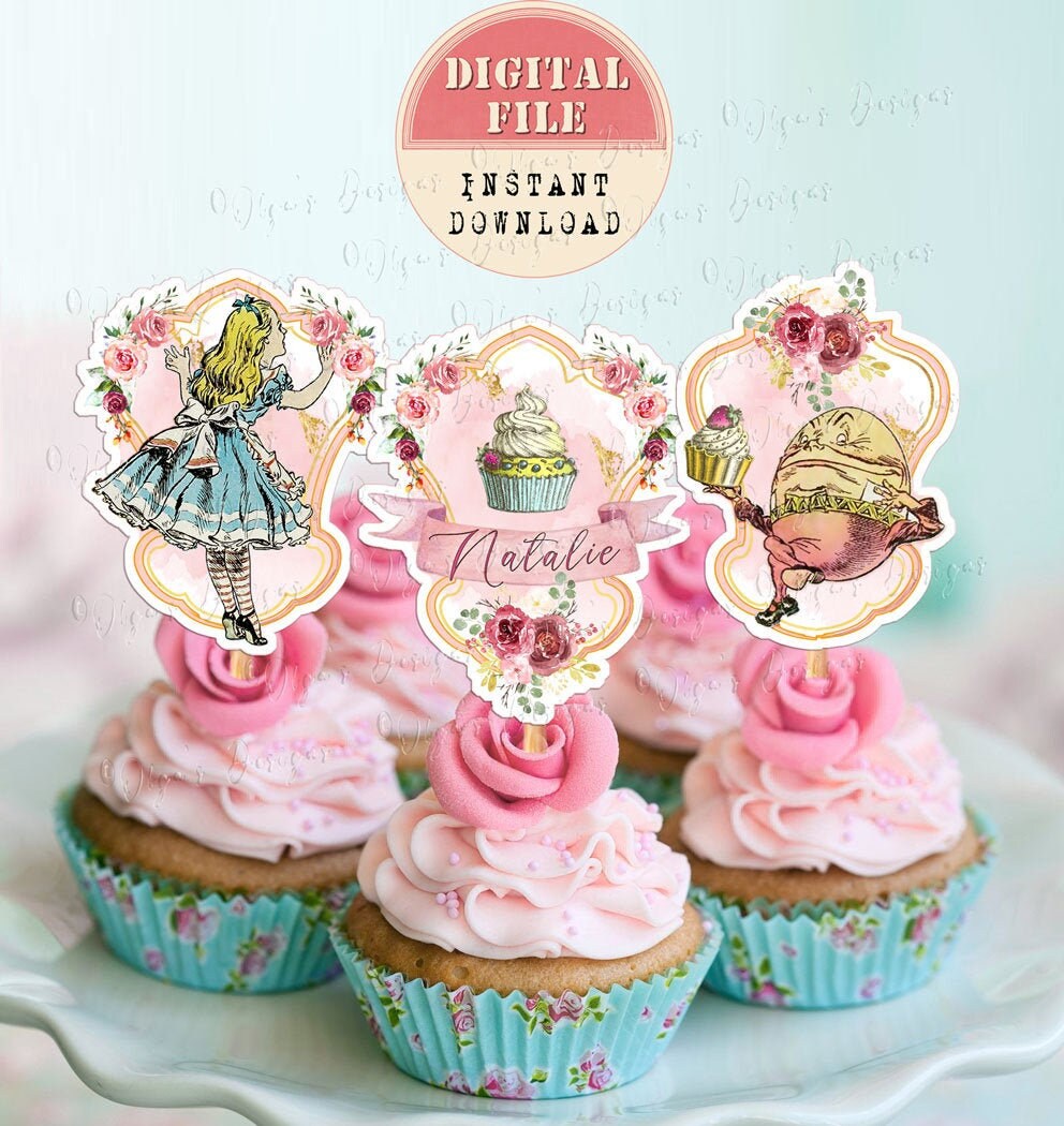Personalized Alice in Wonderland Cupcake Toppers Printable Etsy