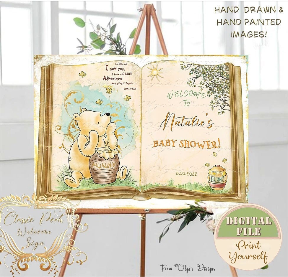 Personalized Classic Winnie the Pooh Book Welcome Sign, Printable Pooh Baby Shower & Birthday Party Sign, Pooh Digital Welcome Sign, 03-07
