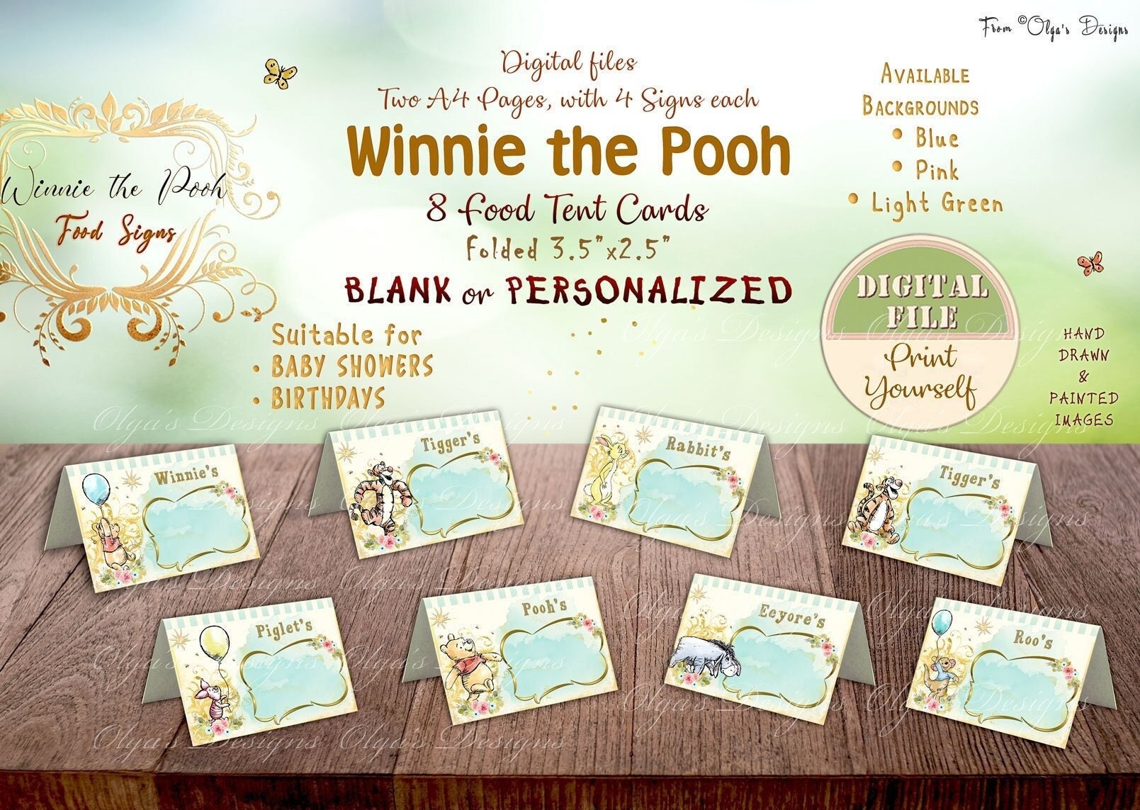 Winnie the Pooh Food Tent Cards, Winnie the Pooh Birthday - Baby Shower Blank or Personalized Food Cards Tents, Winnie Party Decorations 03