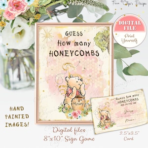 Jeu classique de baby shower Winnie l'ourson Devinez combien de nids d'abeilles, jeu de fête d'anniversaire Winnie l'ourson, jeu de signes Winnie l'ourson 20 x 25 cm + cartes de 2,5 x 3,5 po. P03
