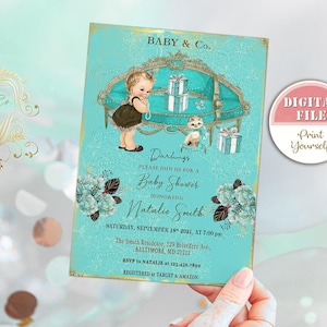 Baby & Co. Invito per baby shower personalizzato, Colazione da Tiffany, Invito per baby shower Blue Paris, File digitale
