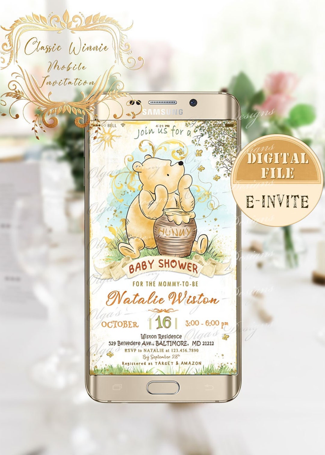 Classic Winnie the Pooh Baby Shower Mobile Invitation, Winnie the Pooh Electronic Invitation