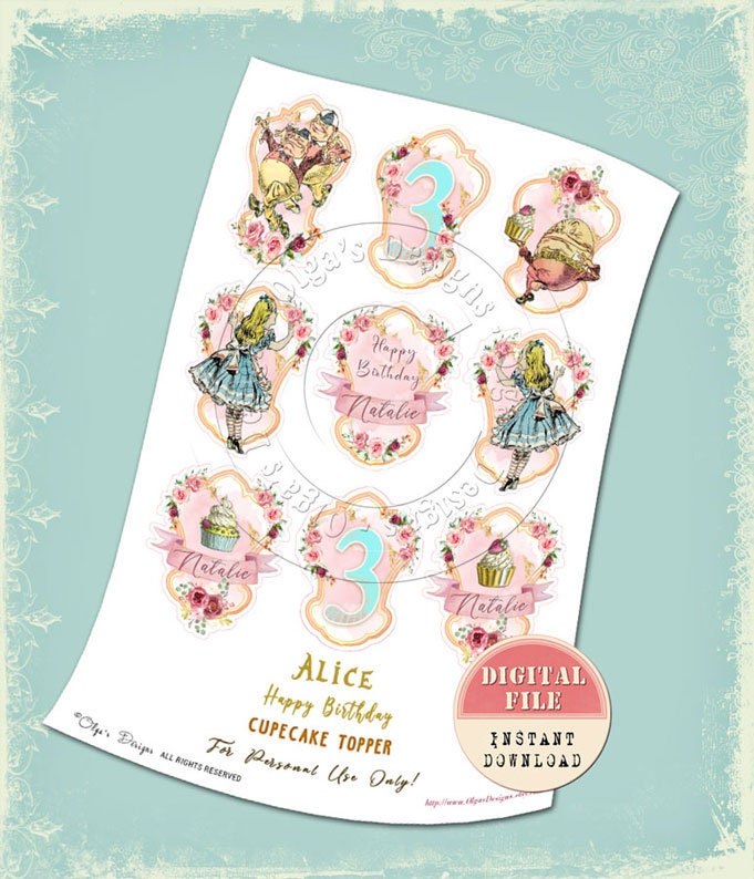 Personalized Alice in Wonderland Cupcake Toppers Printable | Etsy