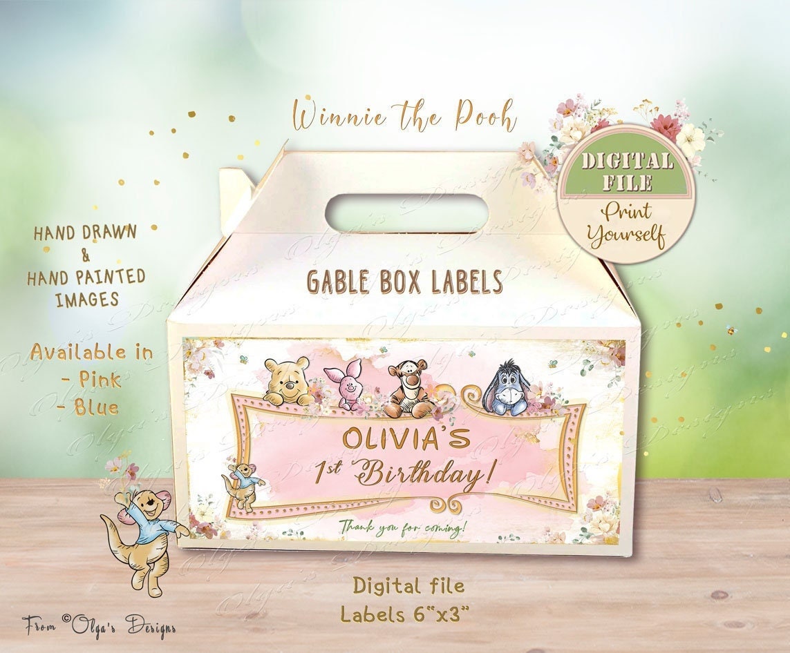 Etiquetas clássicas de caixa de empena para festa de aniversário do Winnie the Pooh, sacolas para lembrancinhas da primeira festa do Pooh, decoração digital de aniversário do Winnie, festa clássica do Pooh, 09