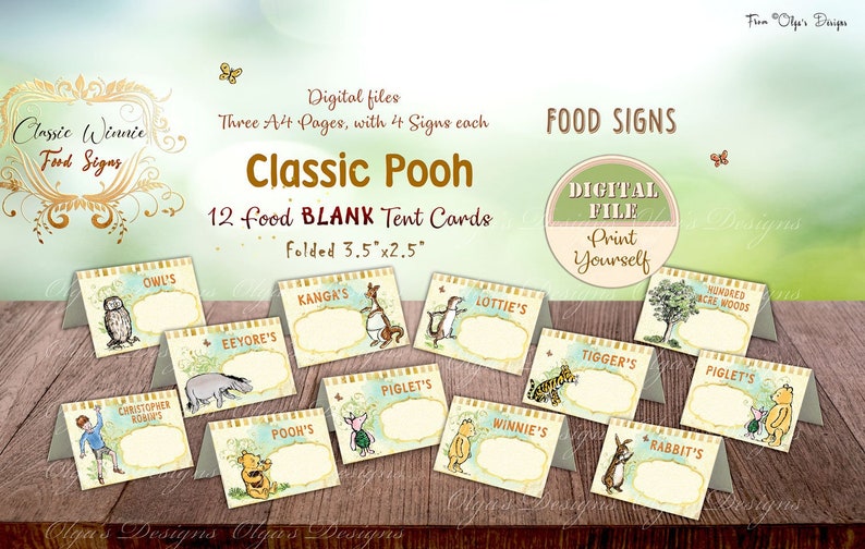 Classic Winnie the Pooh BLANK Food Tent Cards Non-Editable, Winnie the Pooh Birthday Party, Pooh Food Cards Tents, Winnie Party Decor, 02