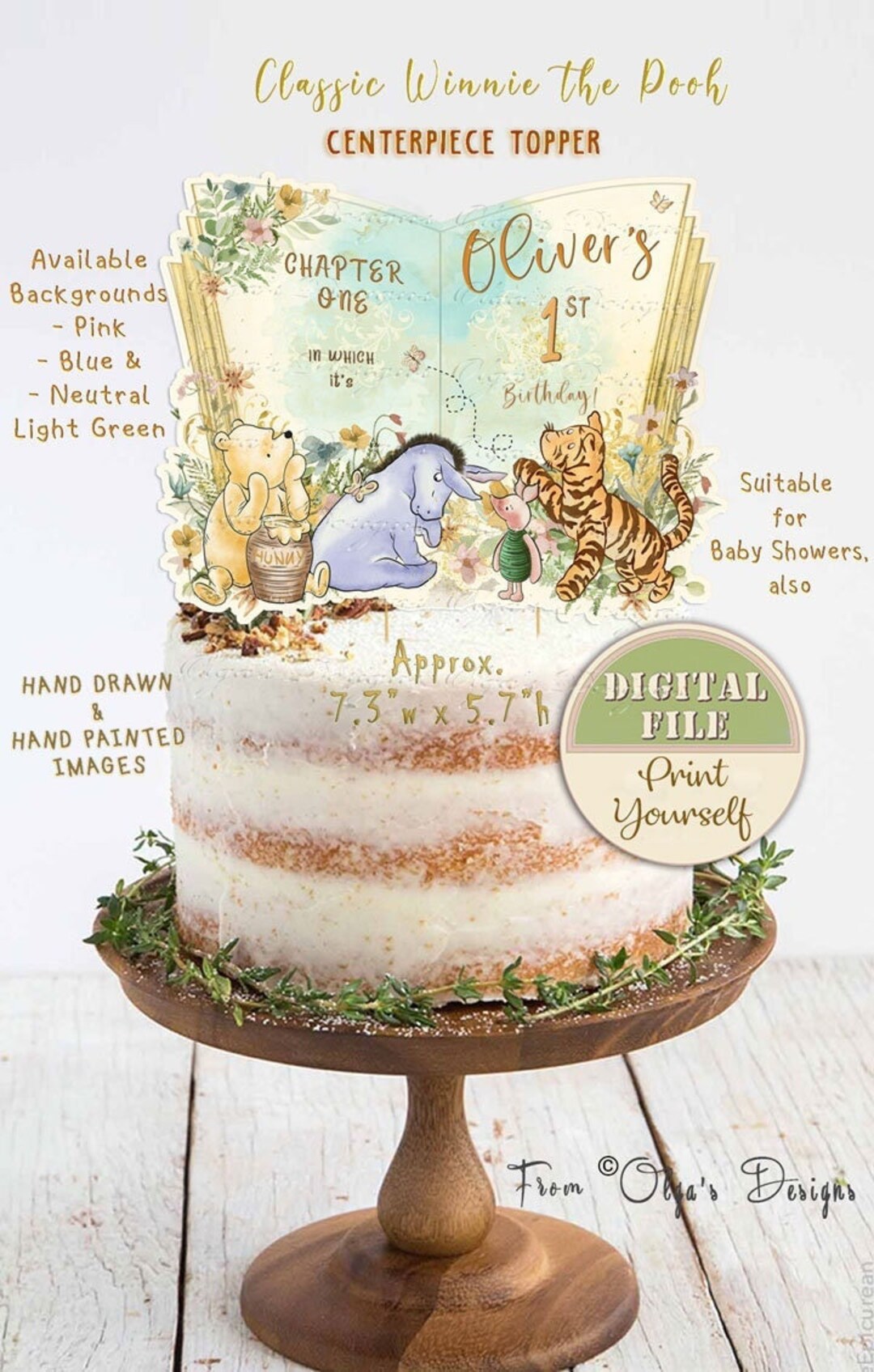 Personalized Classic Pooh Book Cake Centerpiece, Winnie the