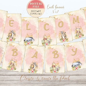 Pancarta clásica de Winnie the Pooh, pancarta para baby shower, decoración para fiesta de baby shower de Pooh, decoraciones para fiesta de Winnie the Pooh, archivo imprimible rosa P03