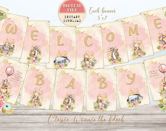 Winnie the Pooh Baby Shower Banner, Classic Pink (Printable File)