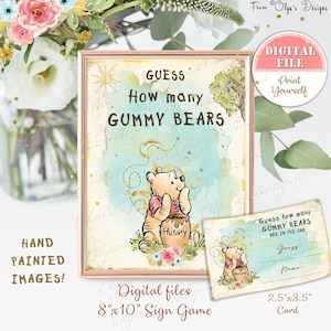Jeu classique de baby shower Winnie l'ourson, jeu de fête d'anniversaire Winnie l'ourson, devinez combien d'oursons en gélatine signent des cartes de 20 x 10 po + 2,5 x 3,5 po., B03