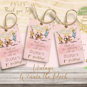 Etiquetas de agradecimento para festa de aniversário clássica do Ursinho Pooh, decoração personalizada para festa do Ursinho Pooh, etiquetas para lembrancinhas de aniversário do Ursinho Pooh, etiquetas de aniversário do Ursinho Pooh rosa 02