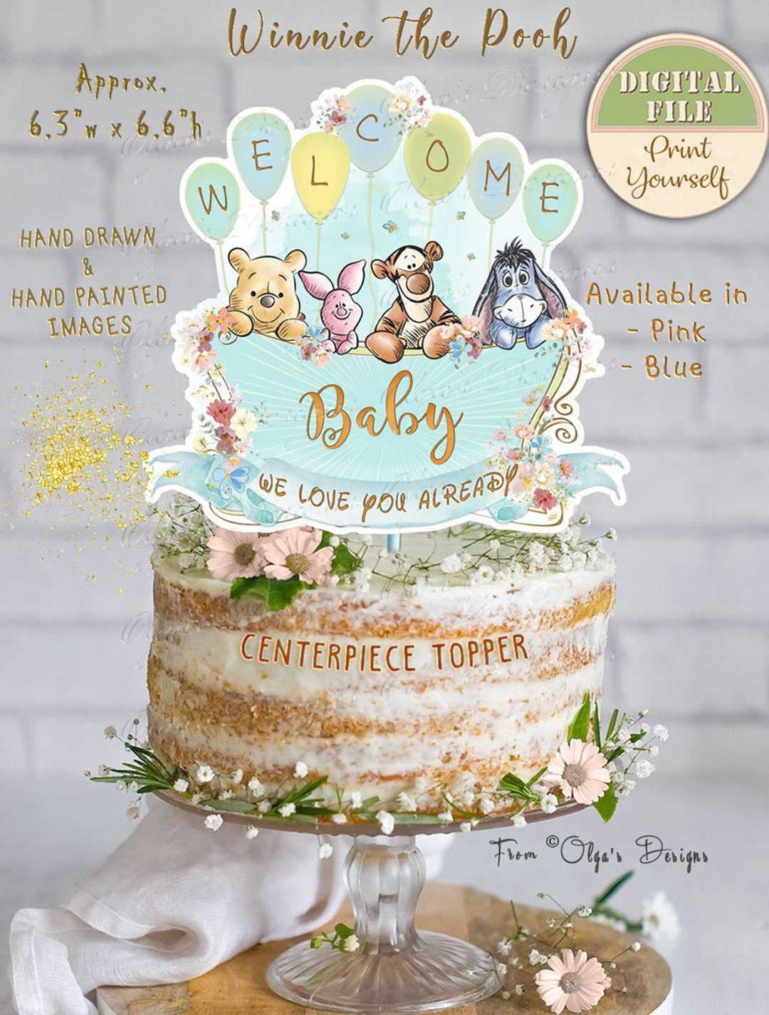 Personalized Classic Winnie Baby Shower Cake Centerpiece, Printable Baby  Shower Topper, Winnie the Pooh Topper, Pooh Welcome Baby Party 09 - Etsy ..., image size:1080x1424