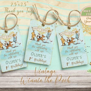 Etiquetas de agradecimento para festa de aniversário clássica do Ursinho Pooh, decoração personalizada para festa do Ursinho Pooh, etiquetas para lembrancinhas de aniversário do Ursinho Pooh, etiquetas de aniversário do Ursinho Pooh azul 02