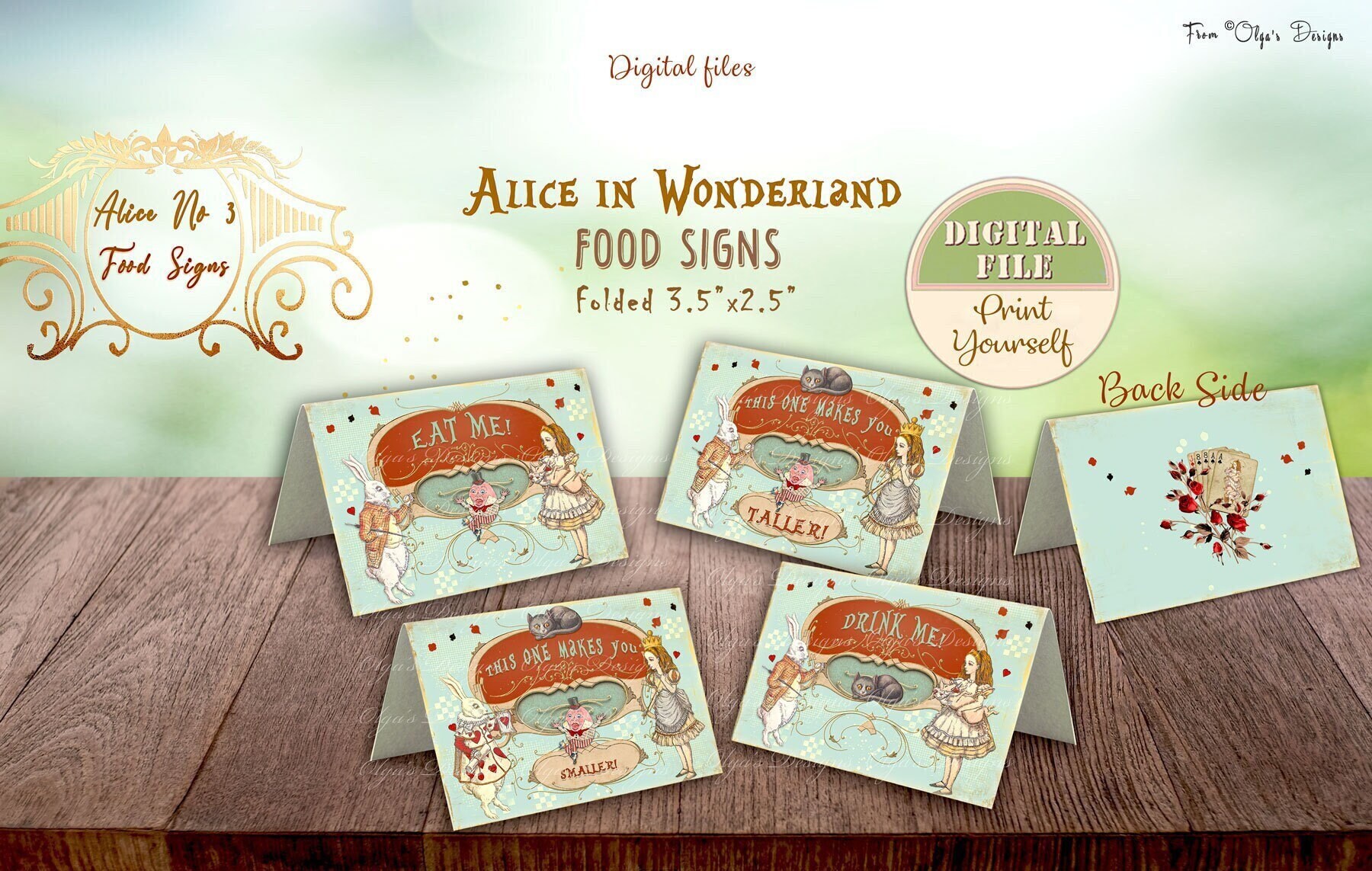 Alice in Wonderland Food Tent Cards, Onederland Birthday Party Food Signs, Mad Tea Party Decor, Alice Baby Shower Food Cards, Printable No 3