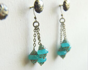 Boho Chic Dangle Earrings Light Turquoise /& Tan Etched Czech Glass Hot Spring.