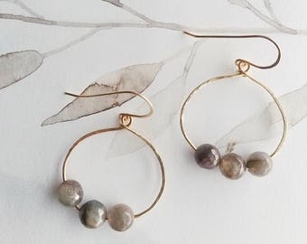 Minimalist Labradorite Hoop Earrings Hammered Brass - Mads to Order.