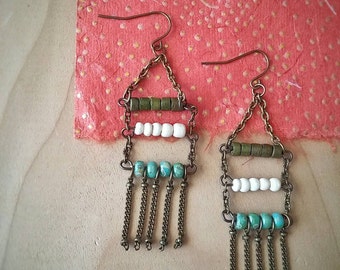 Boho Chic Dangle Earrings Light Turquoise /& Tan Etched Czech Glass Hot Spring.