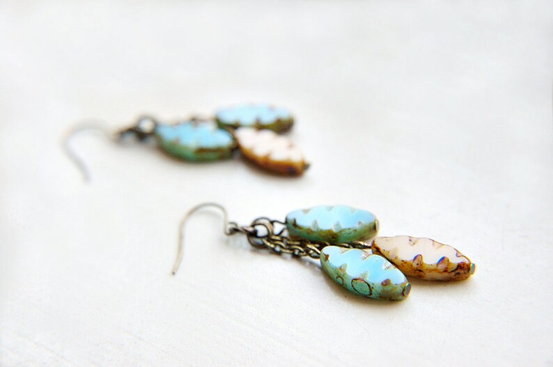 Boho Chic Dangle Earrings Light Turquoise /& Tan Etched Czech Glass Hot Spring.