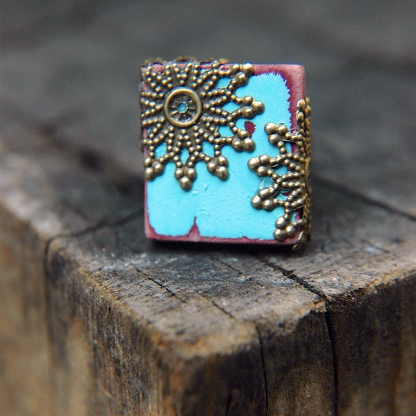 Cottage Chic Statement Ring Cockatoo Blue Boho Scrabble Tile Rustic Distressed Wood  - The Majestic