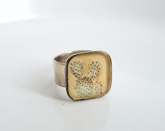 Hand-painted Cactus Ring | Oxidized .999 Fine Silver | Adjustable Band | Art Jewelry