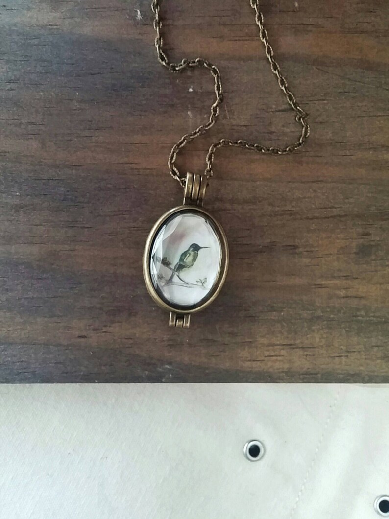 Oval Hummingbird Necklace Double Sided *Sealed* Locket Reversible Printed Original Artwork Two Hummingbirds.