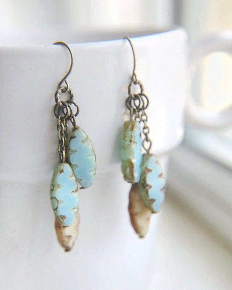 Boho Chic Dangle Earrings Light Turquoise /& Tan Etched Czech Glass Hot Spring.