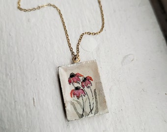 Hand-Painted Cone Flower Necklace Pendant | Floral Art Jewelry