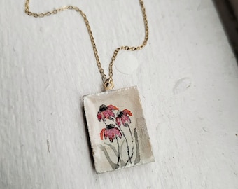 Hand-Painted Cone Flower Necklace Pendant | Floral Art Jewelry