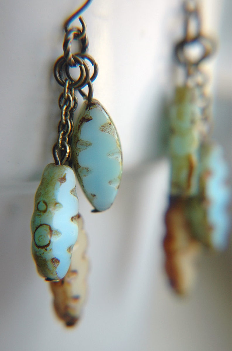 Boho Chic Dangle Earrings Light Turquoise /& Tan Etched Czech Glass Hot Spring.