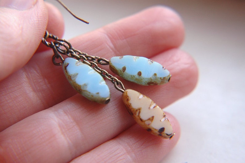Boho Chic Dangle Earrings Light Turquoise /& Tan Etched Czech Glass Hot Spring.