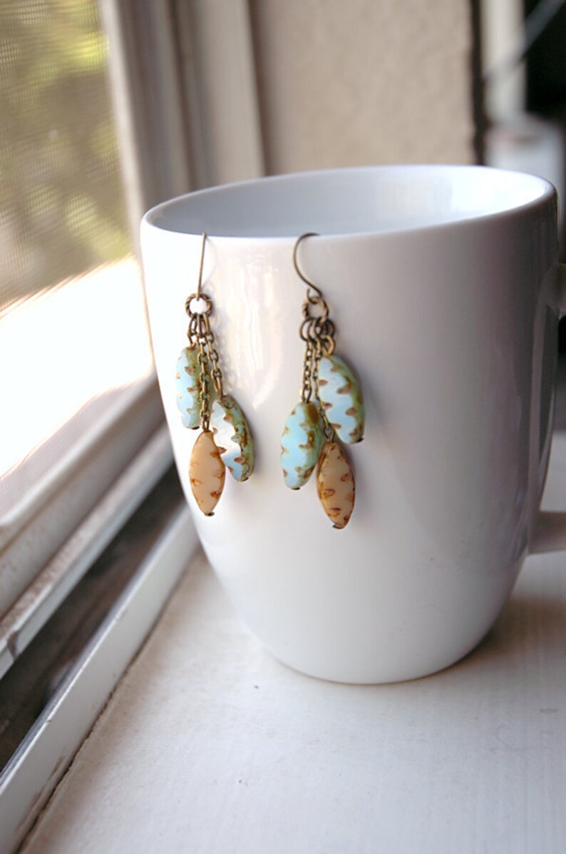 Boho Chic Dangle Earrings Light Turquoise /& Tan Etched Czech Glass Hot Spring.