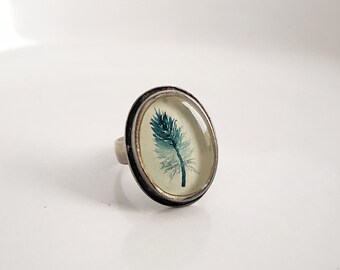 Hand-painted Feather Oval Ring | Oxidized .999 Fine Silver | Adjustable Band | Art Jewelry