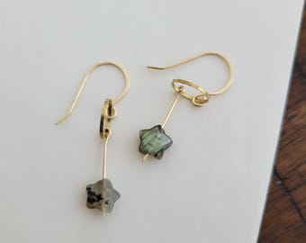 Labradorite Star Dangle Earrings Hammered Brass - Made to Order.