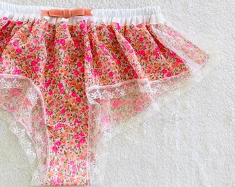 Pink Flowers Chiffon and White Cotton Lace  Boxer/style RANMAN (made to order)