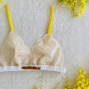 Yellow Chiffon and White Cotton Bra / style MIMOSA made to order image 1