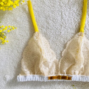 Yellow Chiffon and White Cotton Bra / style MIMOSA made to order image 3