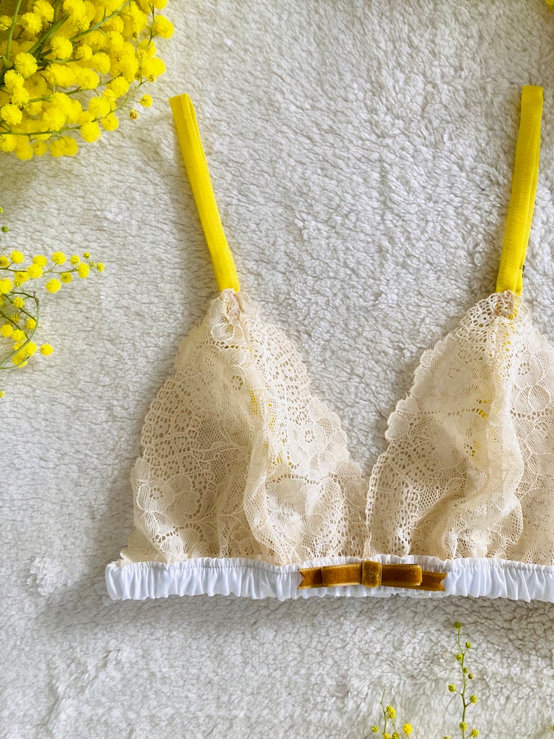 Yellow Chiffon and White Cotton Bra / style MIMOSA made to order image 3